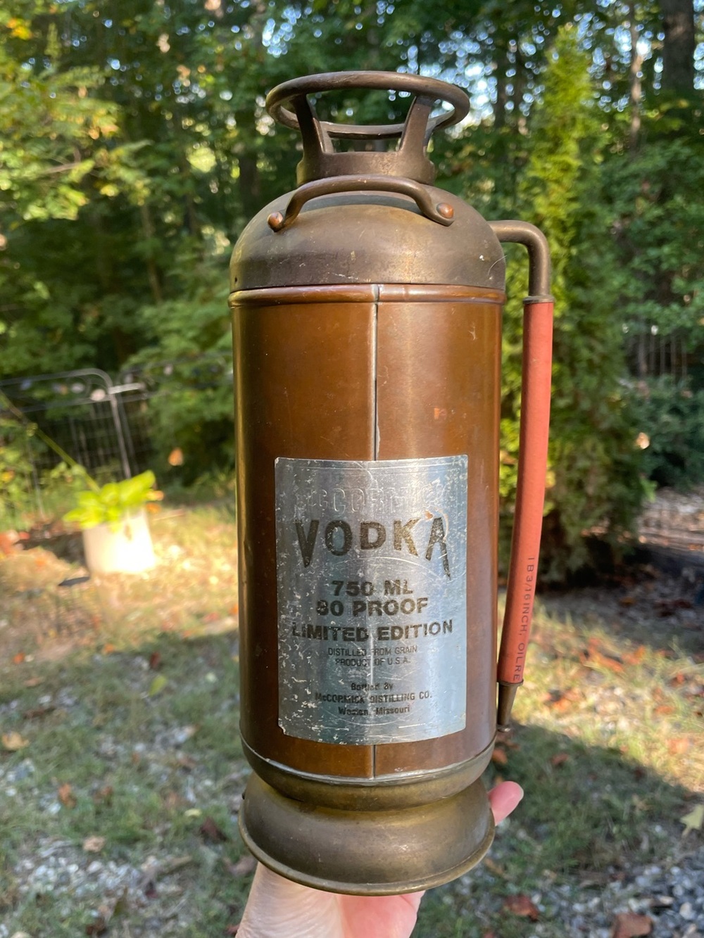 Vintage Copper & Brass Badgers Fire Extinguisher Vodka Decanter
